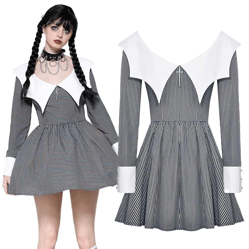 Striped long-sleeved dress with unique white collar and cuffs, featuring flared skirt and stylish silhouette. Perfect for any occasion.