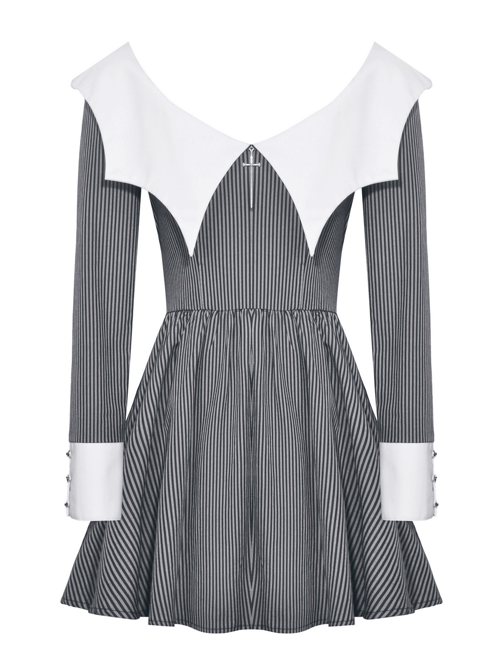 Elegant striped long-sleeved dress with unique white collar and cuffs, perfect for any occasion.