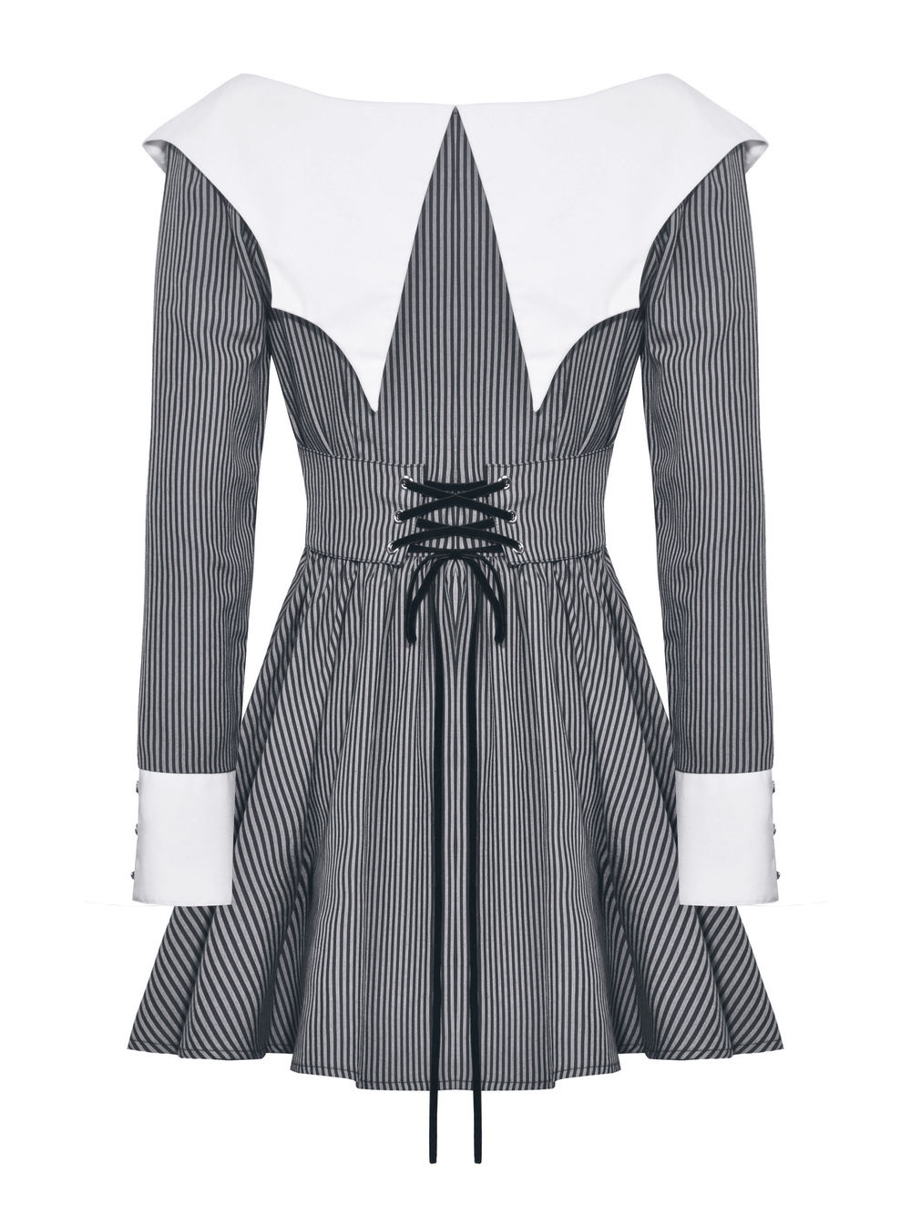 Elegant striped long-sleeved dress with distinctive white collar and cuffs, showcasing a flared silhouette.