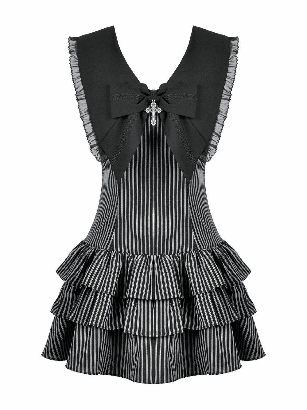 Striped Ruffle Dress with Bow and Lace-Up Back for Women in black and white with tiered ruffles and bow detail.
