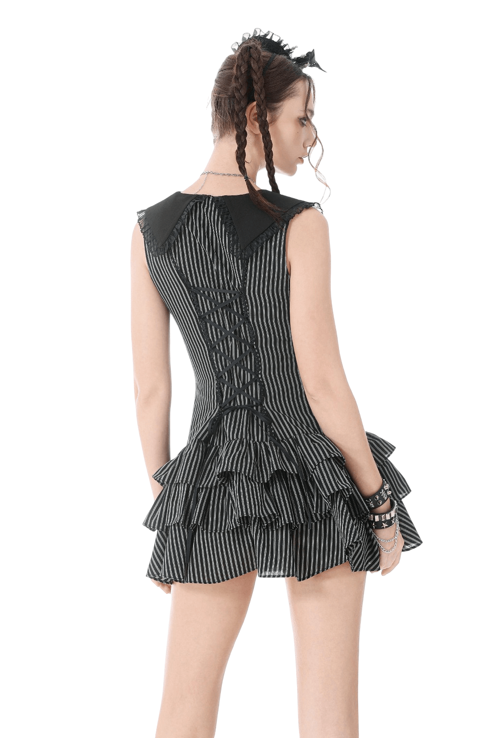 Striped Ruffle Dress with Bow and Lace-Up Back for Women showcasing the back view and tiered details.