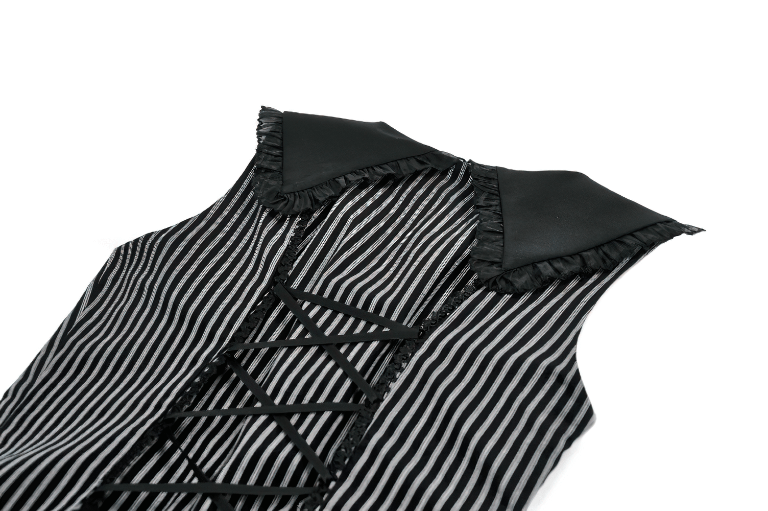 Striped Ruffle Dress with Bow and Lace-Up Back for Women featuring ruffled collar and lace detail.