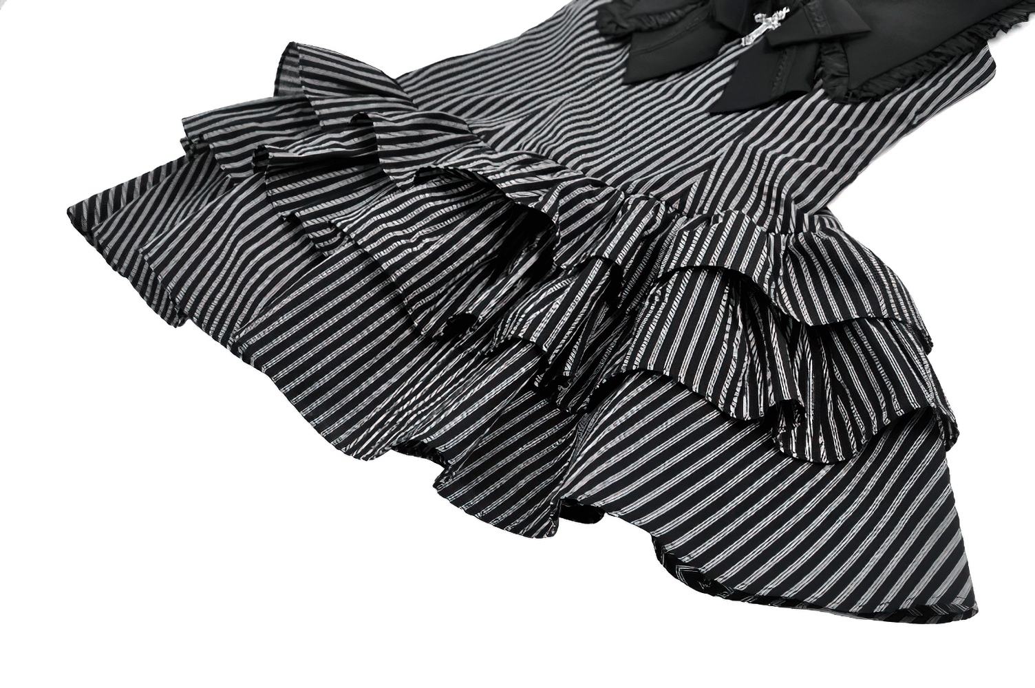 Striped Ruffle Dress with Bow and Lace-Up Back for Women showcasing tiered ruffles and elegant black and white stripes.