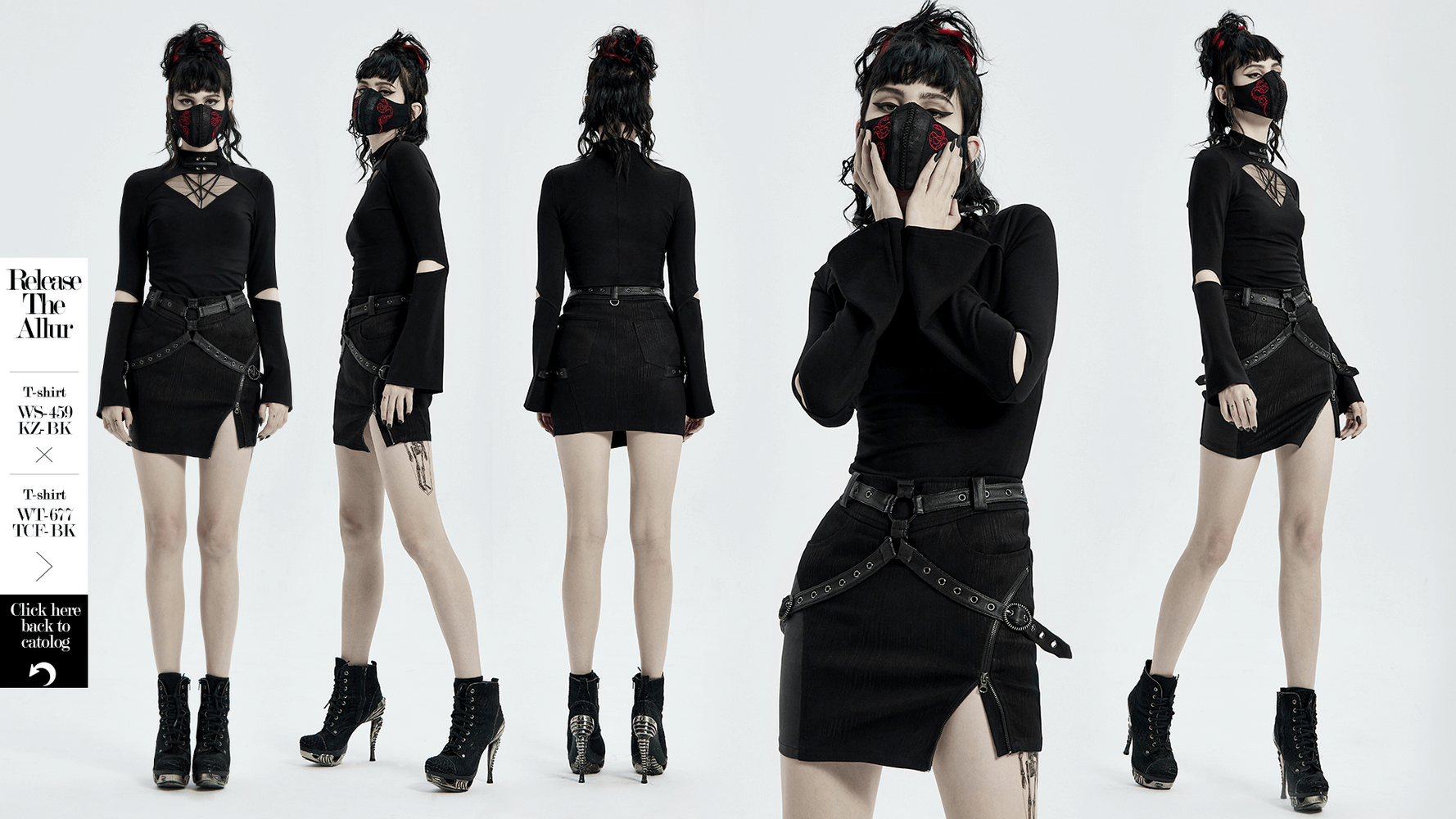 Model showcasing striped woven punk half skirt with alloy ring and chic accessories in edgy black outfit.