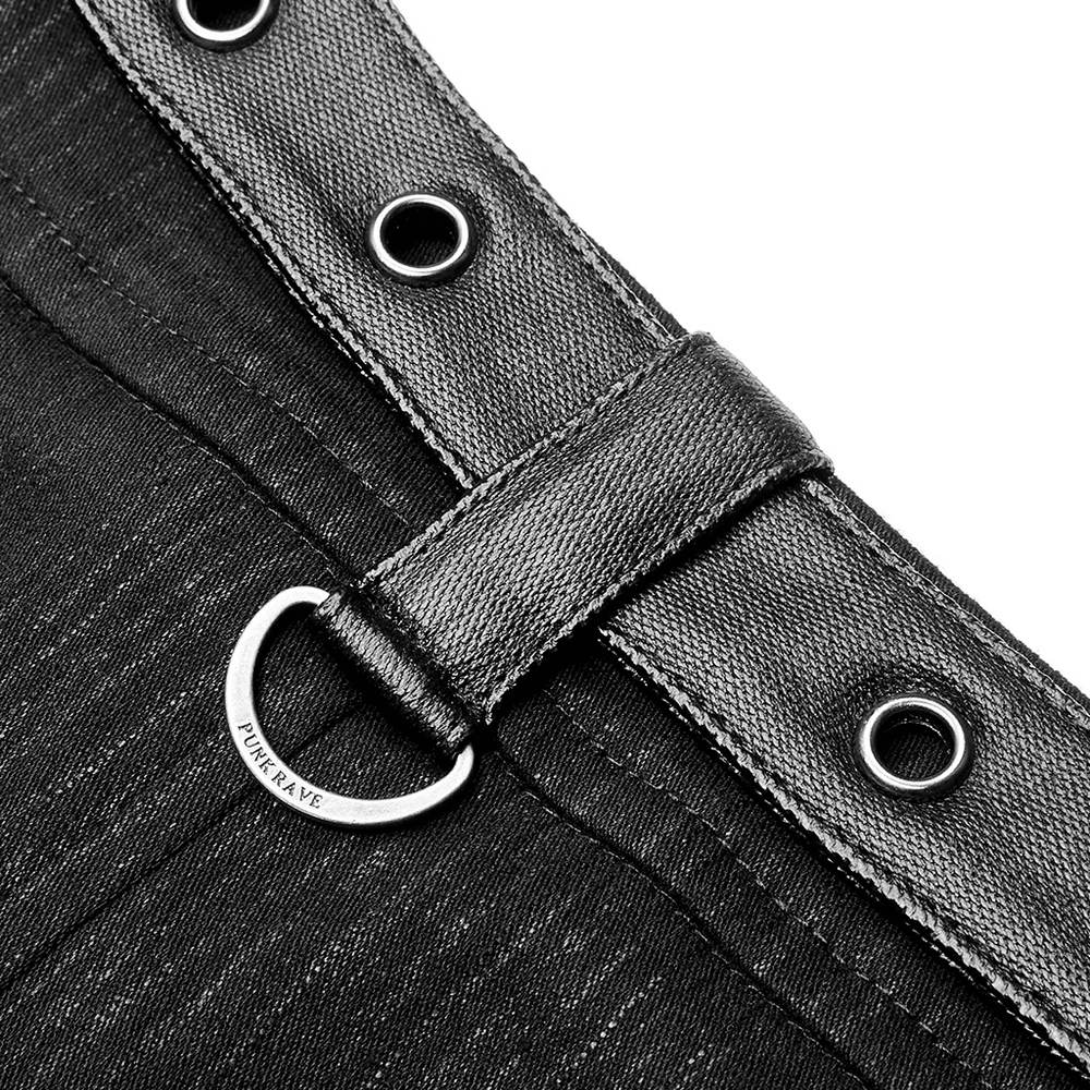 Close-up of the alloy ring and iron detailing on a striped punk half skirt, showcasing stylish adjustability.