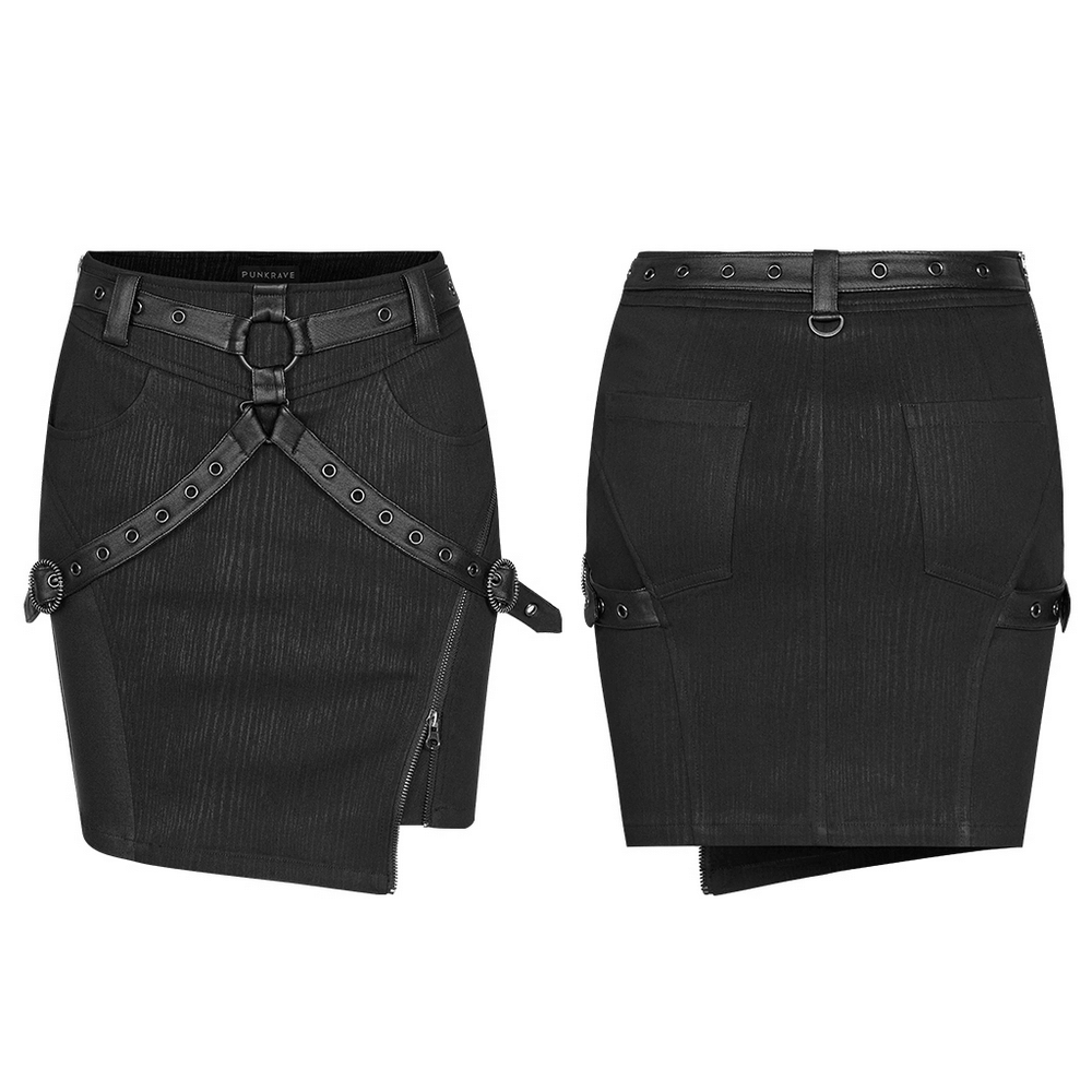 Punk half skirt with alloy ring detailing, featuring a stylish, elastic stripe woven fabric and chic zippers for flair.