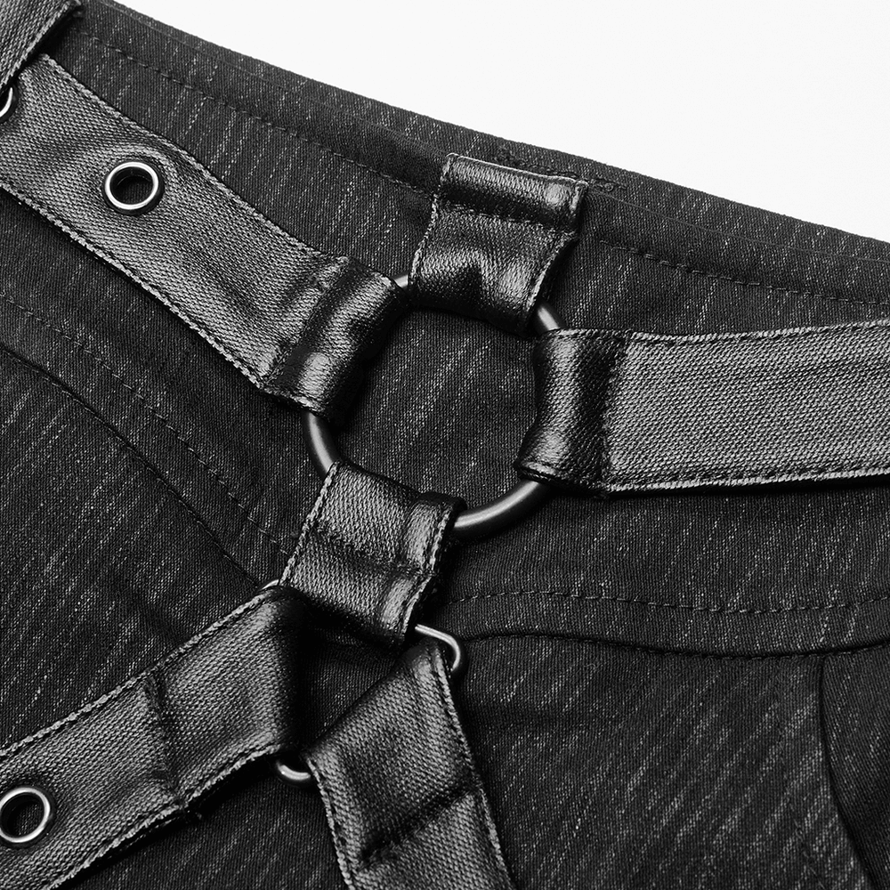 Close-up of alloy ring and straps on the Striped Woven Punk Half Skirt showcasing its edgy design and adjustable features.