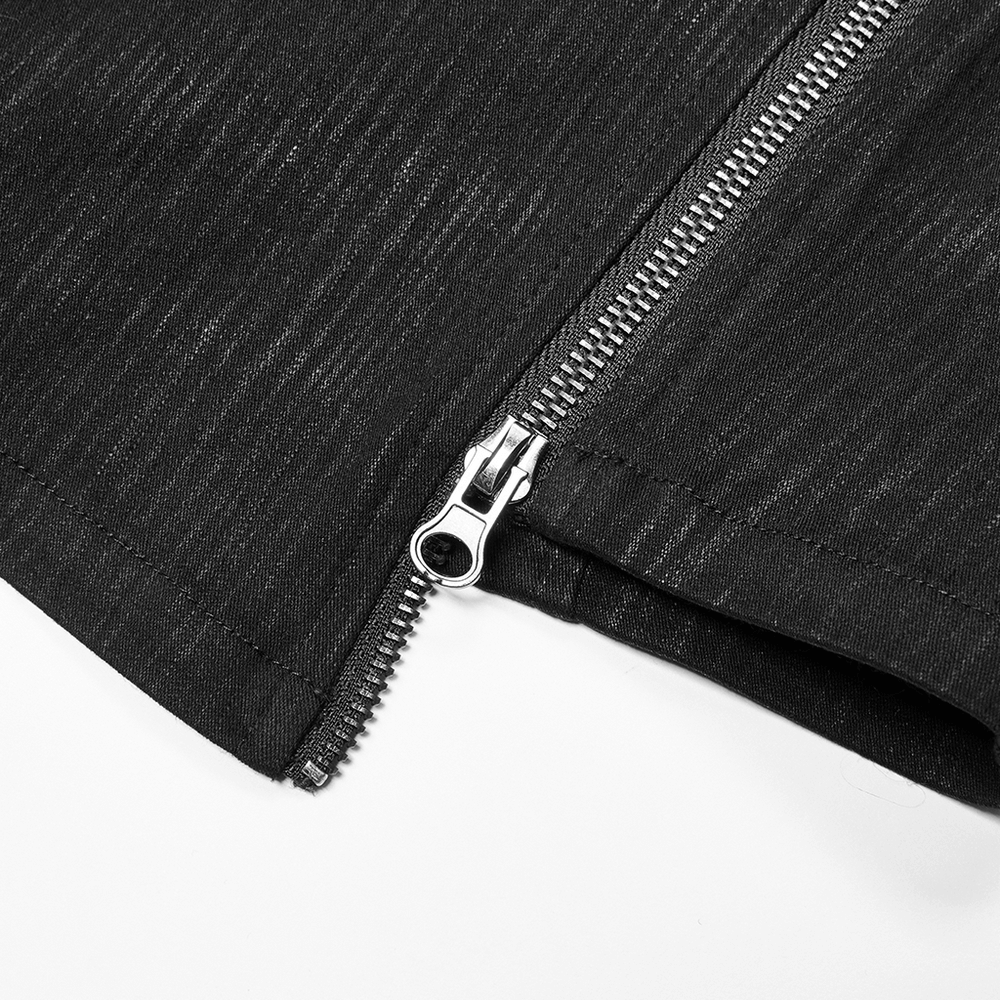 Close-up of a black striped woven fabric skirt featuring a stylish silver zipper detail.
