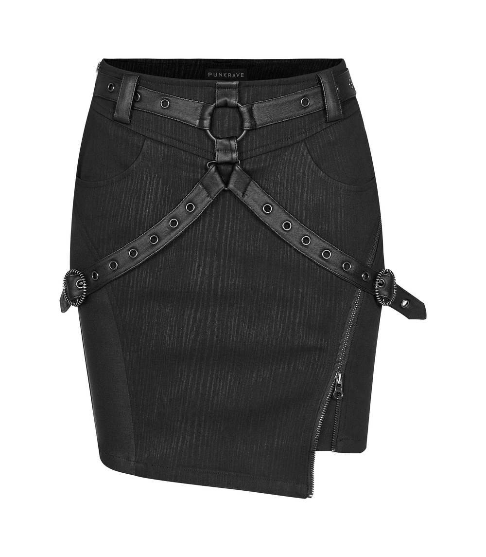 Striped woven punk half skirt featuring alloy ring and functional zippers for an edgy style.