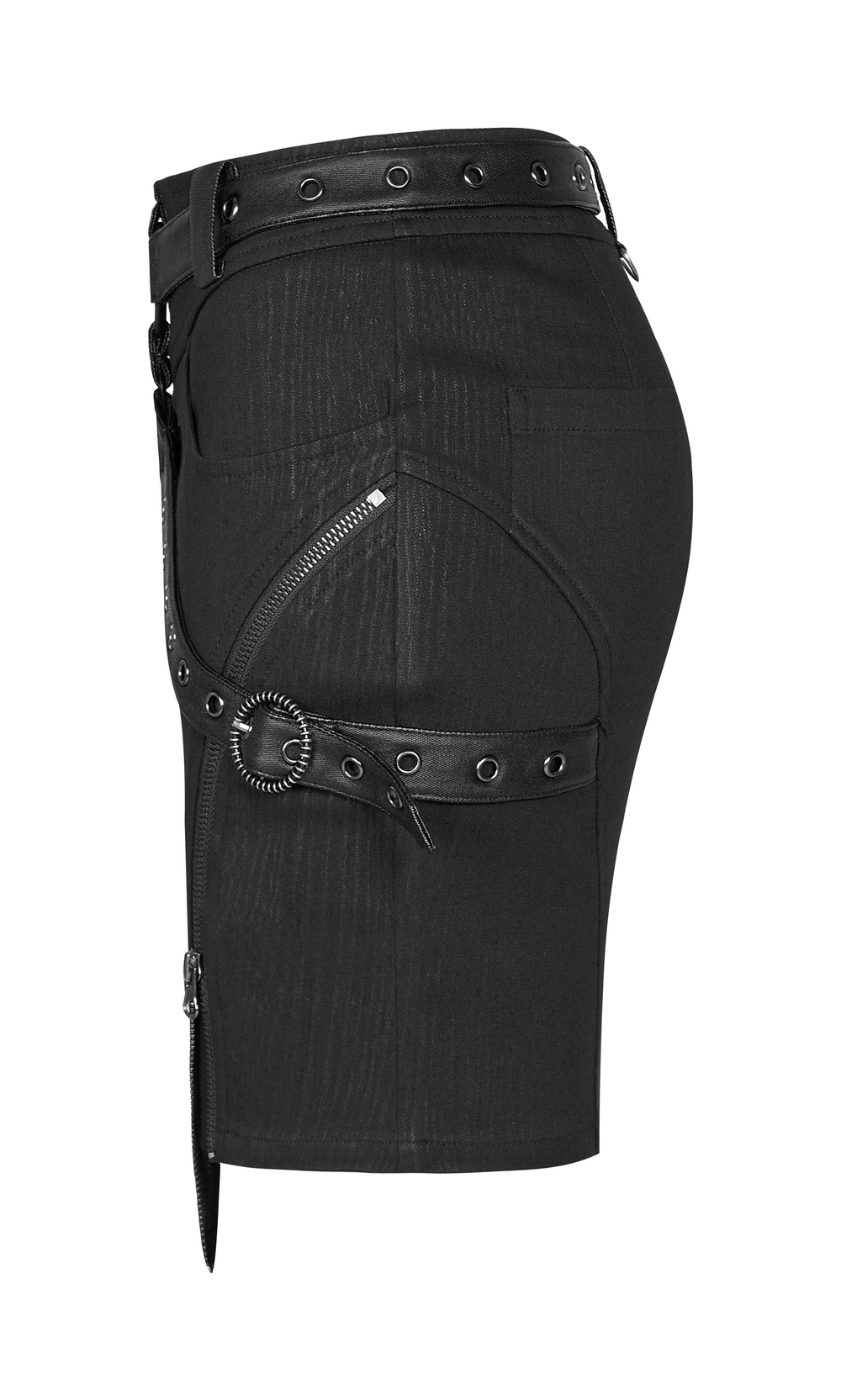 Side view of a striped woven punk half skirt featuring alloy ring and iron detailing for an edgy, stylish look.