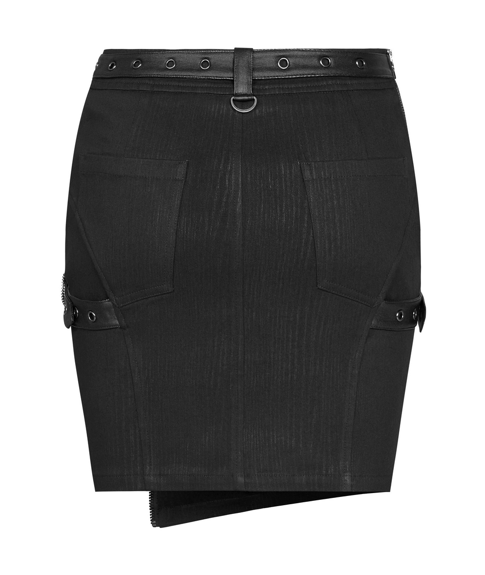 Stylish black striped woven punk half skirt with alloy ring and iron detailing, perfect for edgy wardrobe adjustments.
