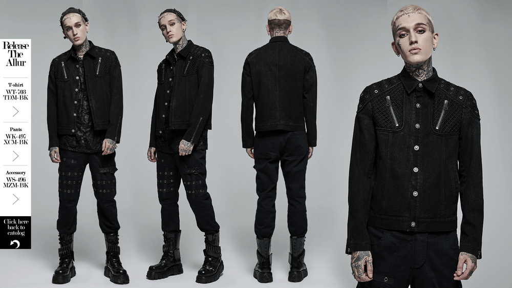 Studded black denim jacket showcasing rugged urban style with unique mesh details and slim fit design.