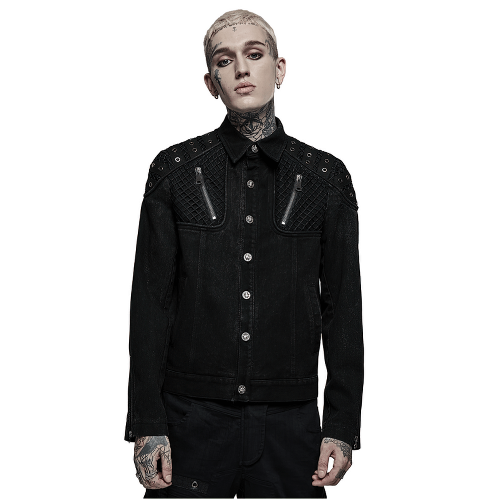 Stylish studded black denim jacket in urban gothic style, showcasing bold twill fabric and a slim fit design.