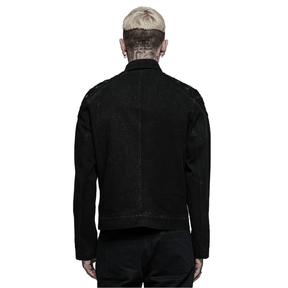 Back view of a studded black denim jacket, showcasing its urban gothic style and rugged design.
