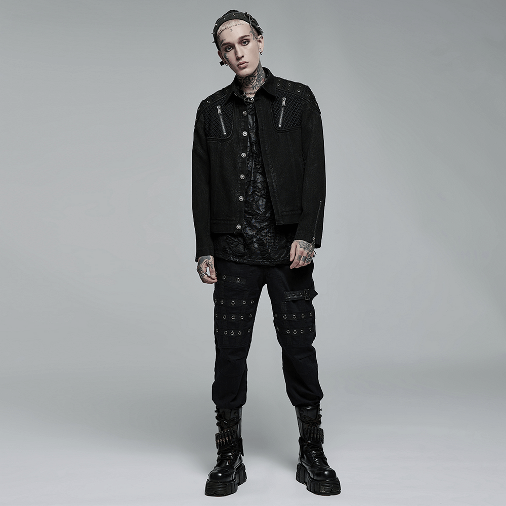 Stylish model showcasing a studded black denim jacket with punk aesthetic, layered over urban gothic attire.