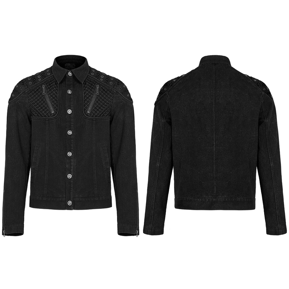 Studded black denim jacket showcasing urban gothic style with unique mesh and twill fabric for a punk rugged look.