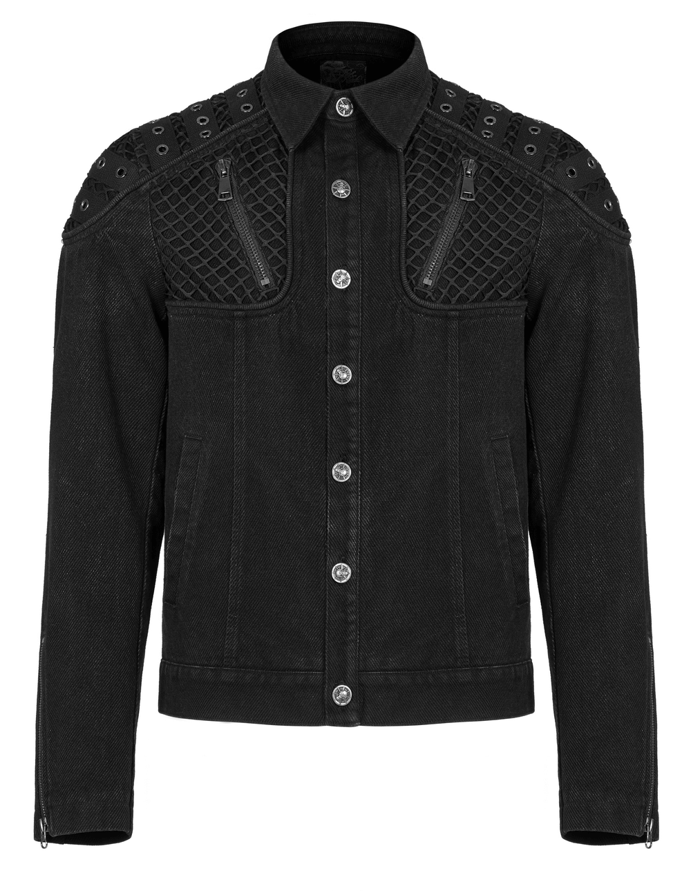 Studded black denim jacket with mesh splices, perfect for a punk urban gothic style.