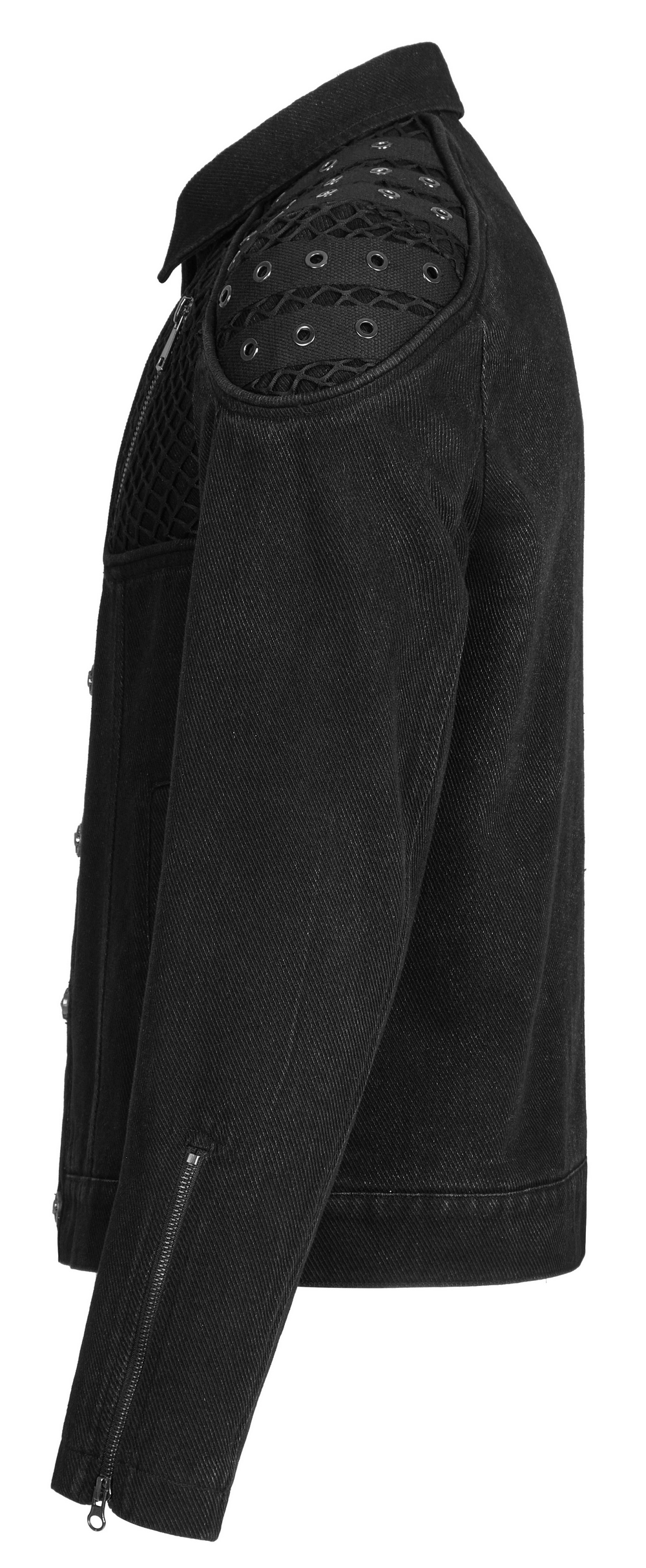 Studded black denim jacket with mesh splices and a punk rugged style, perfect for urban outfits.