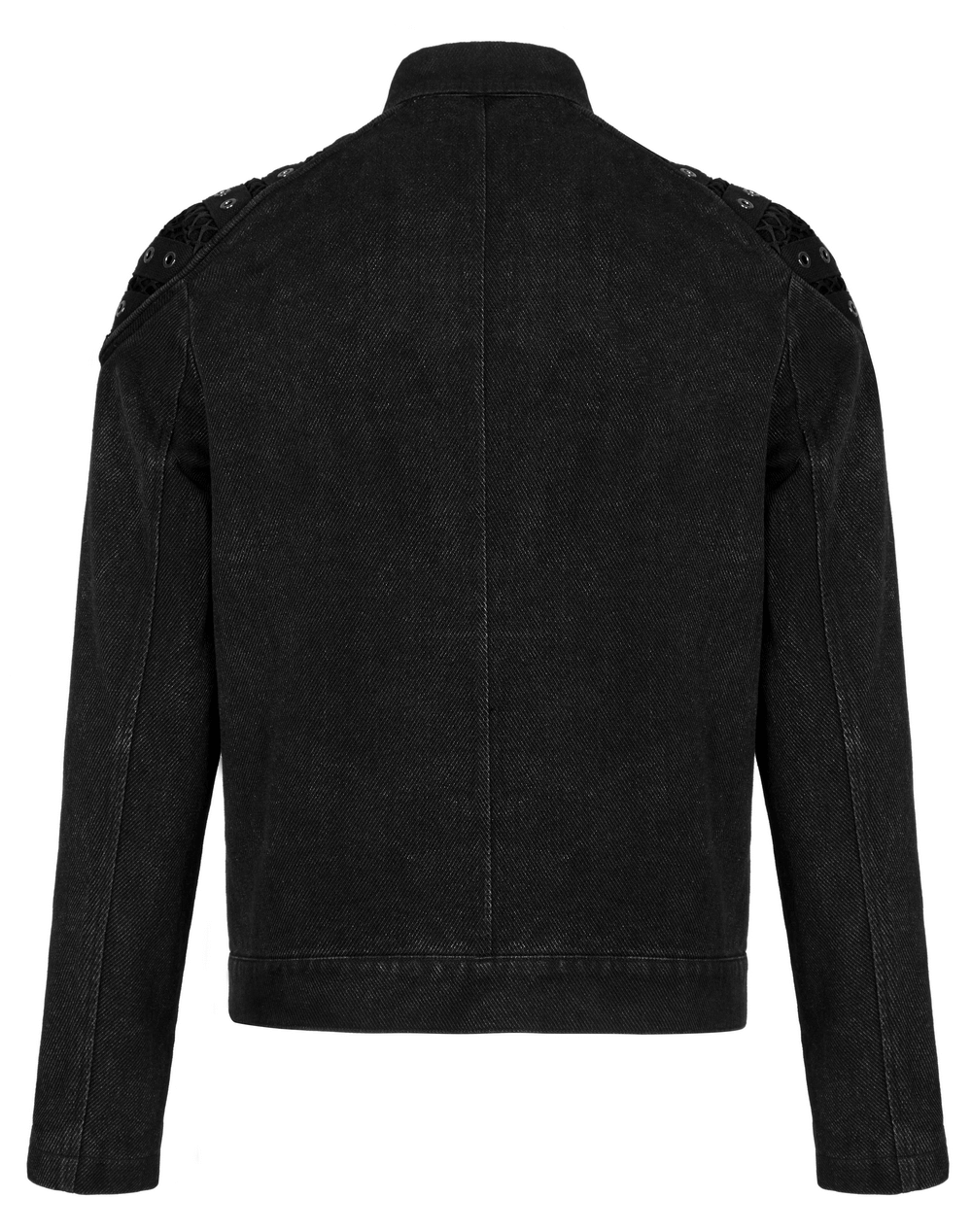 Back view of a studded black denim jacket featuring mesh splices and a sleek slim fit in urban gothic style.