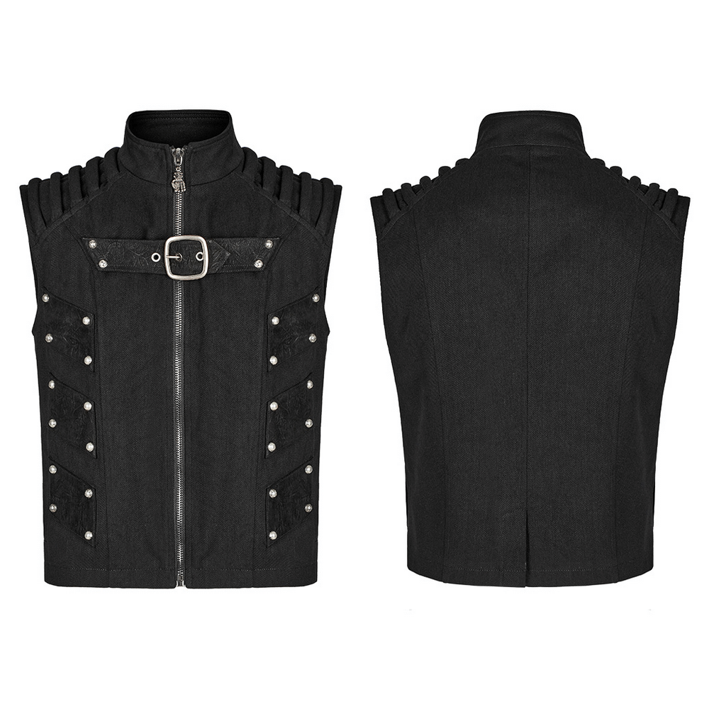 Studded black punk vest with padded shoulders and geometric detailing for an edgy urban gothic look.