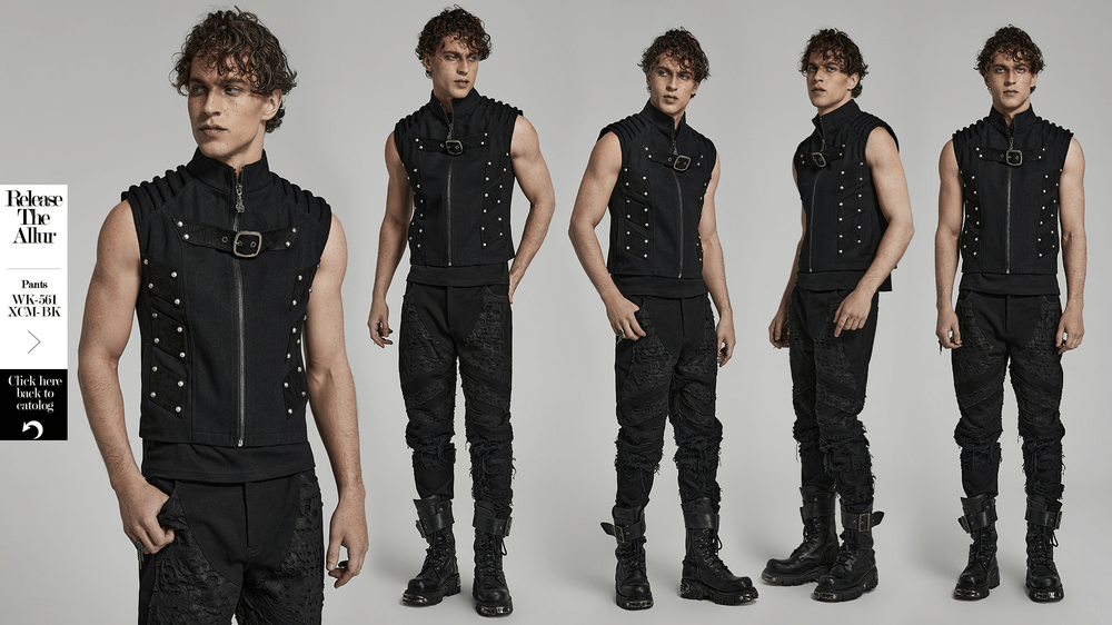Edgy studded black punk vest with padded shoulders, showcasing urban gothic style. Perfect for doomsday fashion.