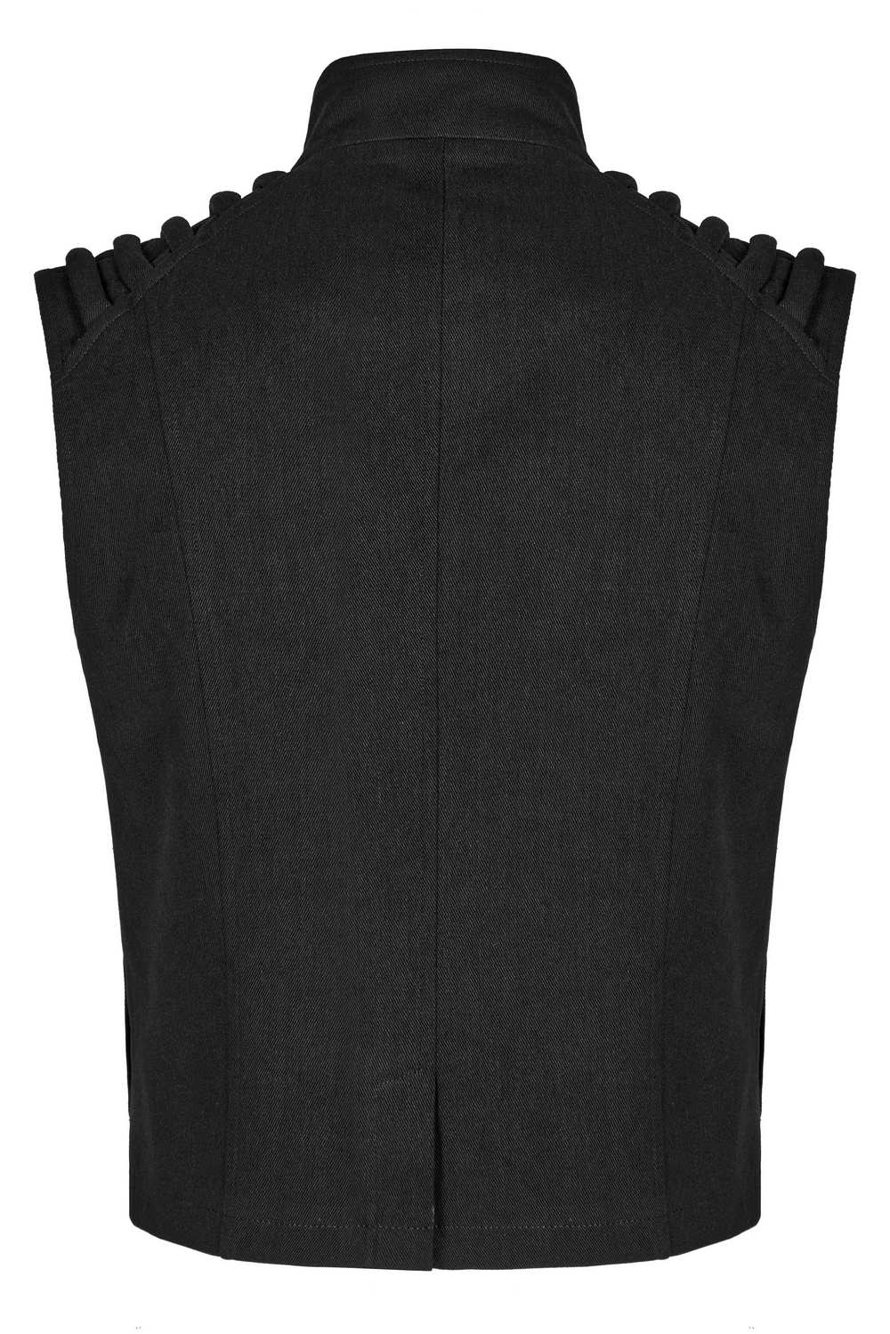 Back view of the Studded Black Punk Vest featuring padded shoulders and sleek design for an urban gothic style.