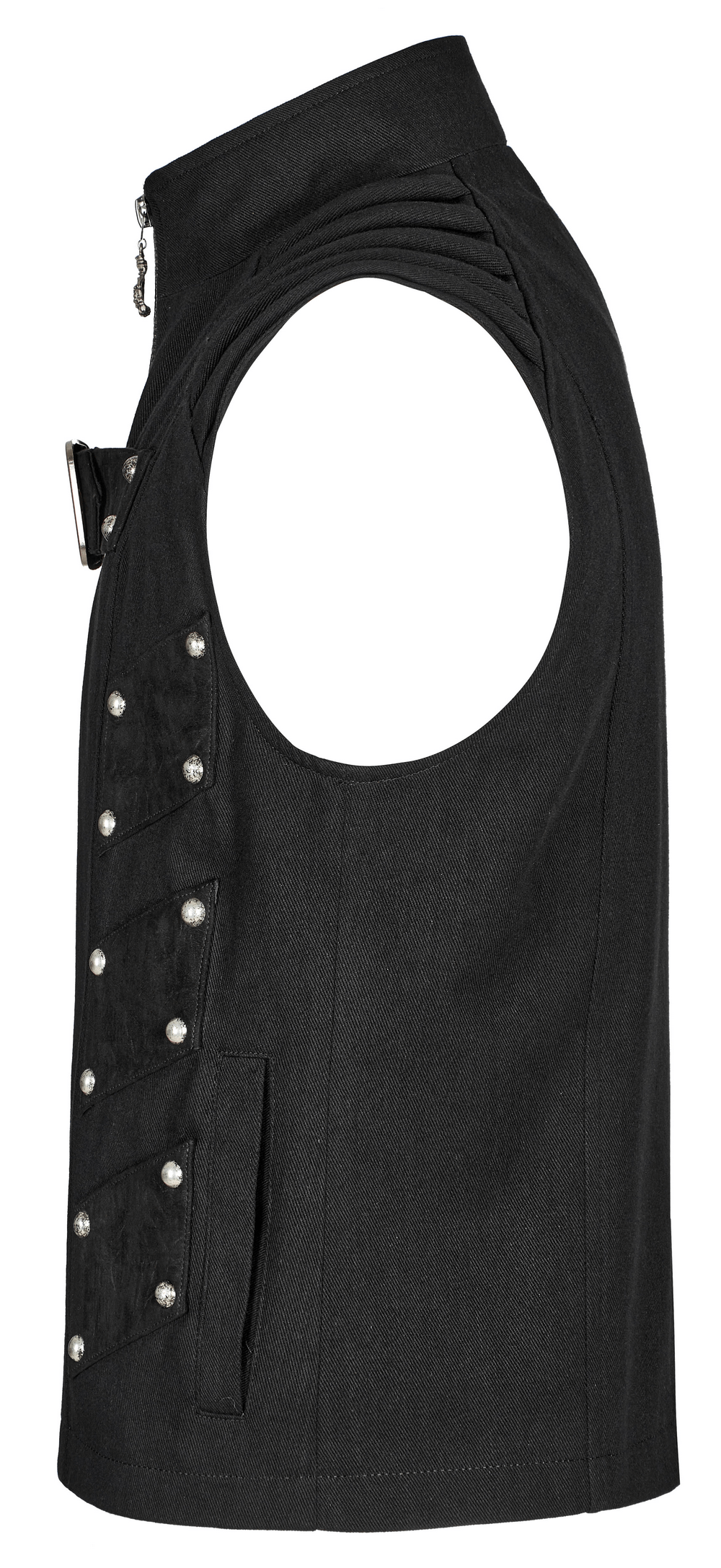Studded black punk vest with geometric patches and rivets for edgy urban gothic style.