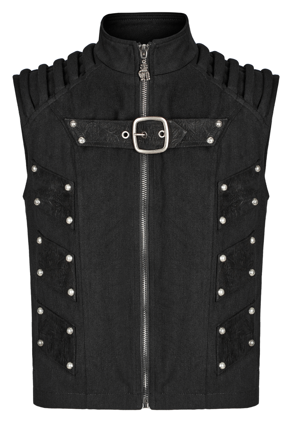 Studded black punk vest with armored design and buckle detail, perfect for an edgy street style look.