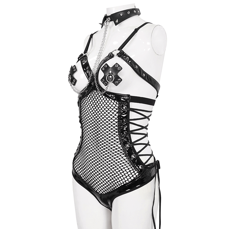 Punk chic women's bodysuit in black mesh and patent leather with studs, choker, and breast covers for edgy allure.