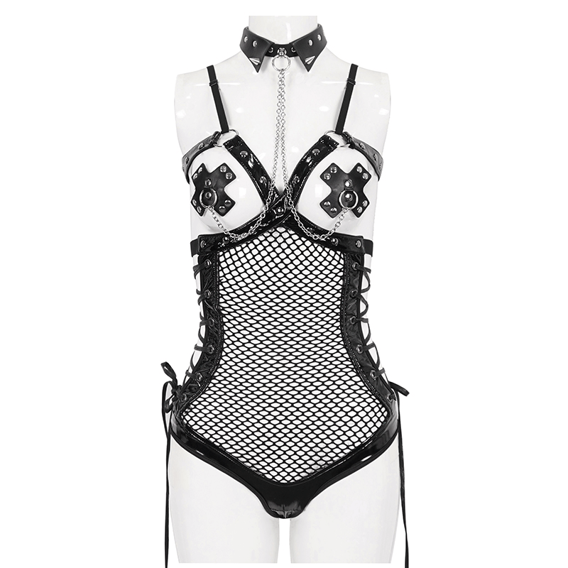 Punk chic studded mesh bodysuit with choker and lace-up details for bold sexy vibes.