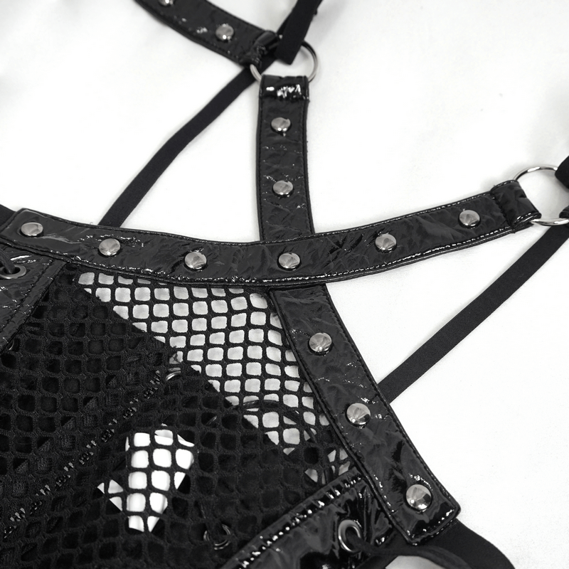 Close-up of studded mesh splice bodysuit showcasing shiny patent leather and edgy studs for women's punk lingerie.