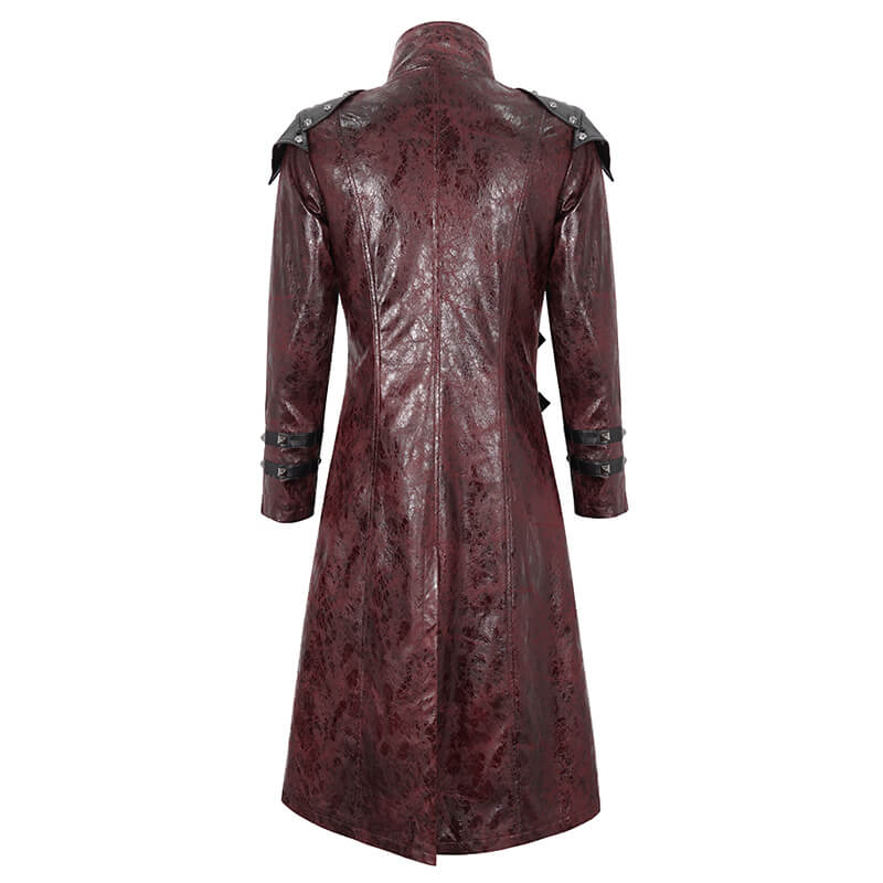 Back view of a men's long studded trench coat in burgundy, showcasing edgy style with multi-buckles and detailed design.