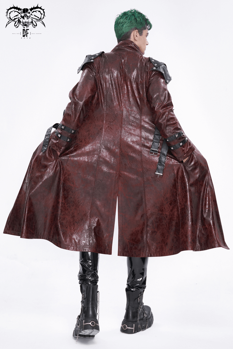 Men's long studded trench coat with multi-buckle belts, showcasing bold style and edgy flair.