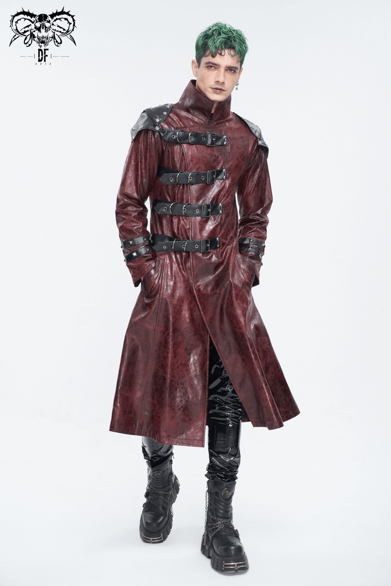 Edgy men's long trench coat with studded multi-buckle belts and stylish details for bold alternative fashion.