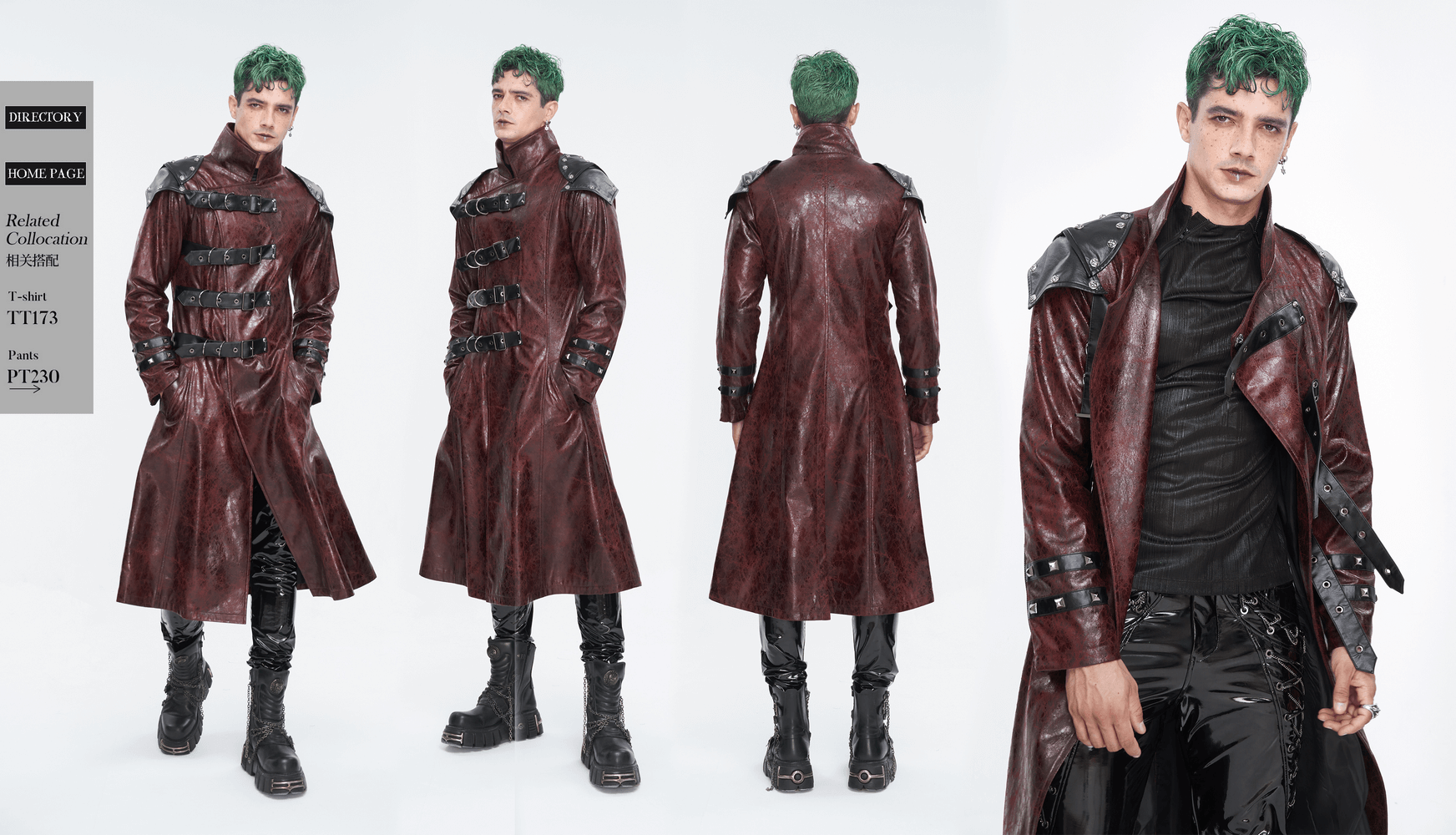 Men's edgy studded long trench coat with multi-buckle details and bold style, perfect for alternative fashion.