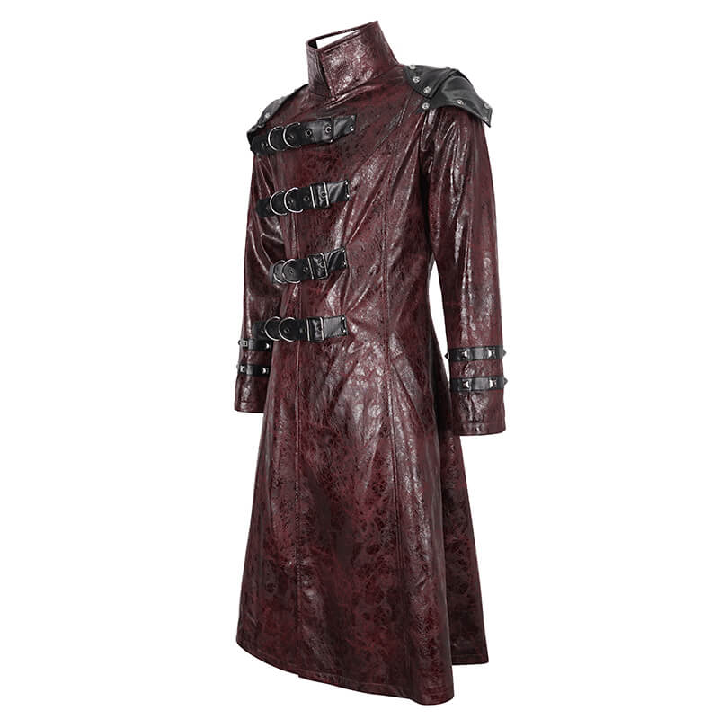 Men's edgy studded multi-buckle belts long trench coat in dark red, showcasing alternative style and bold design.