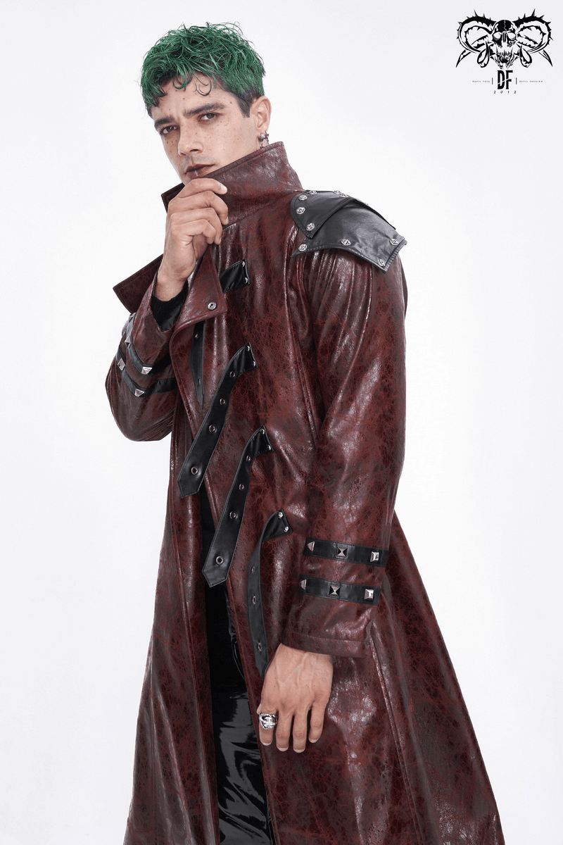 Men's edgy studded long trench coat in brown with multi-buckle accents, perfect for alternative fashion enthusiasts.