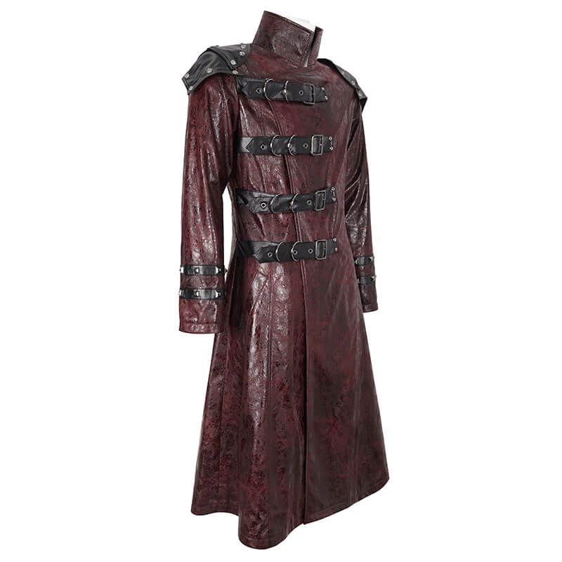 Men's studded multi-buckle long trench coat in dark burgundy, perfect for showcasing an edgy style.