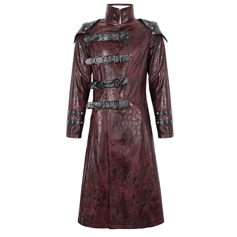 Edgy men's studded long trench coat with multi-buckle belts in burgundy, perfect for alternative fashion enthusiasts.