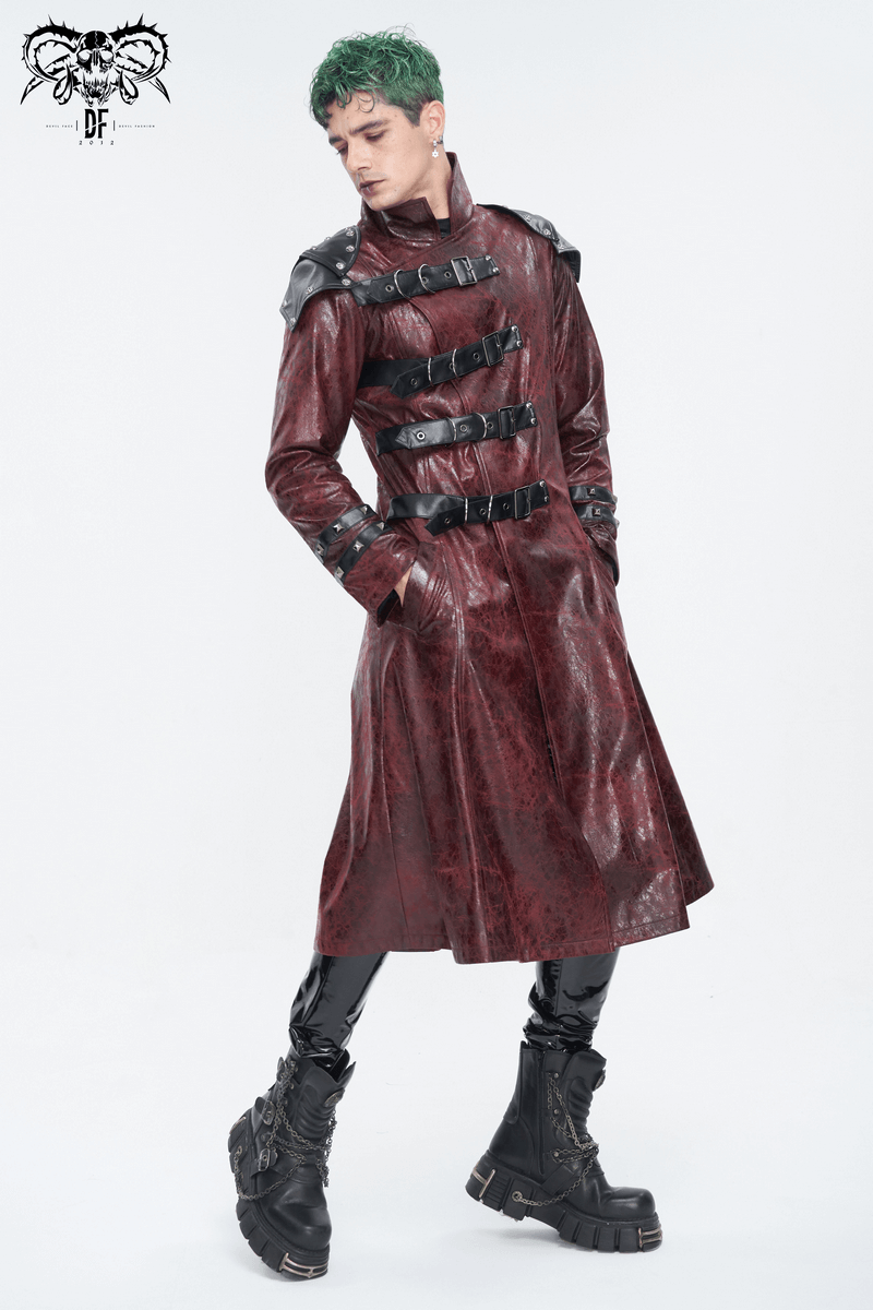 Men's edgy studded multi-buckle trench coat in burgundy, showcasing bold style and alternative fashion.