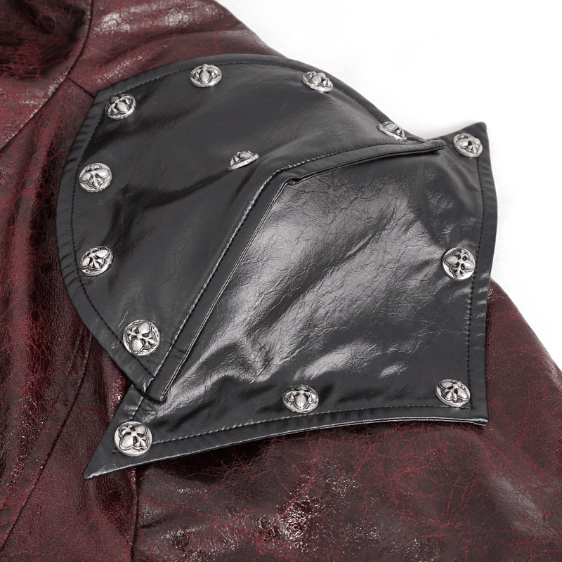 Detail of studded black leather patch on a men's trench coat sleeve, showcasing bold fashion elements.