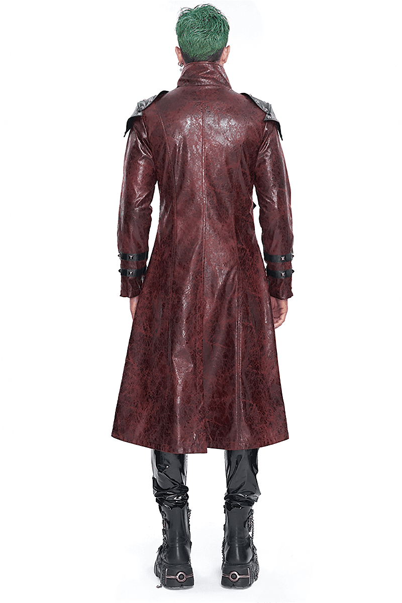 Back view of a men's studded long trench coat in burgundy, showcasing multi-buckle accents and textured design.