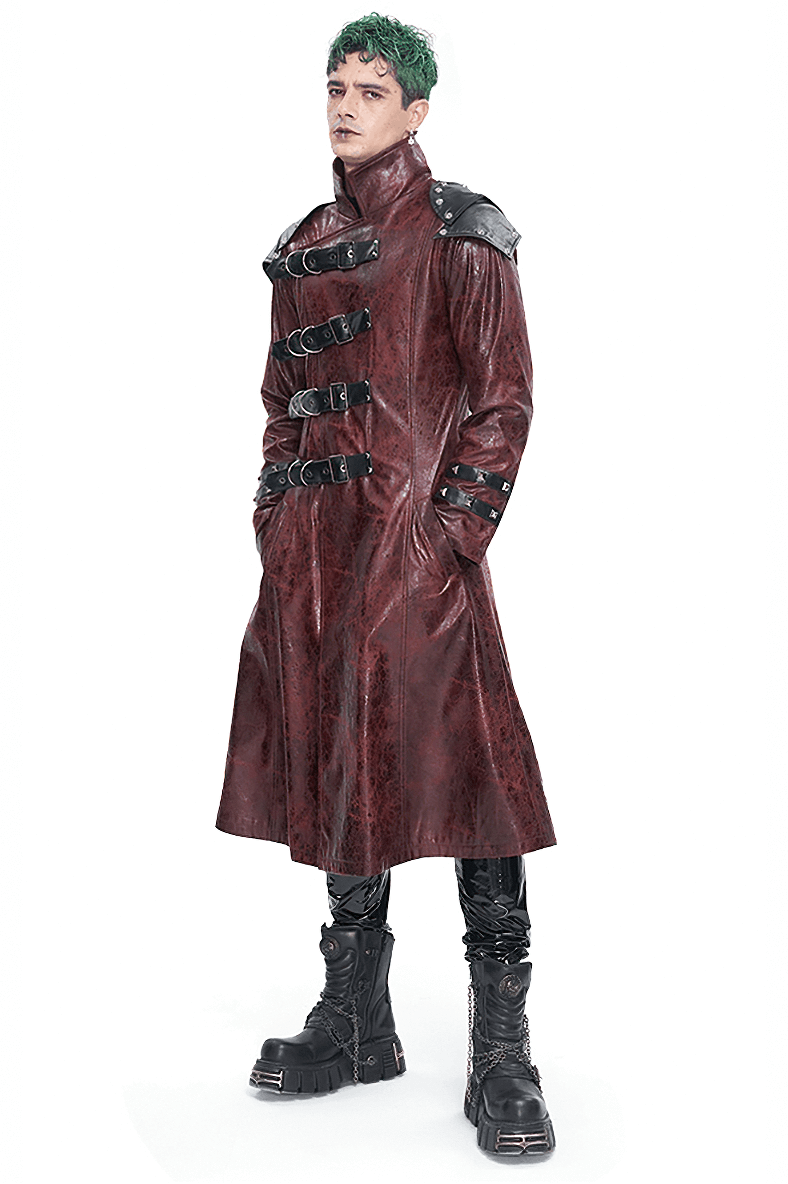 Men's long trench coat with studs and multi-buckles, perfect for edgy alternative fashion.