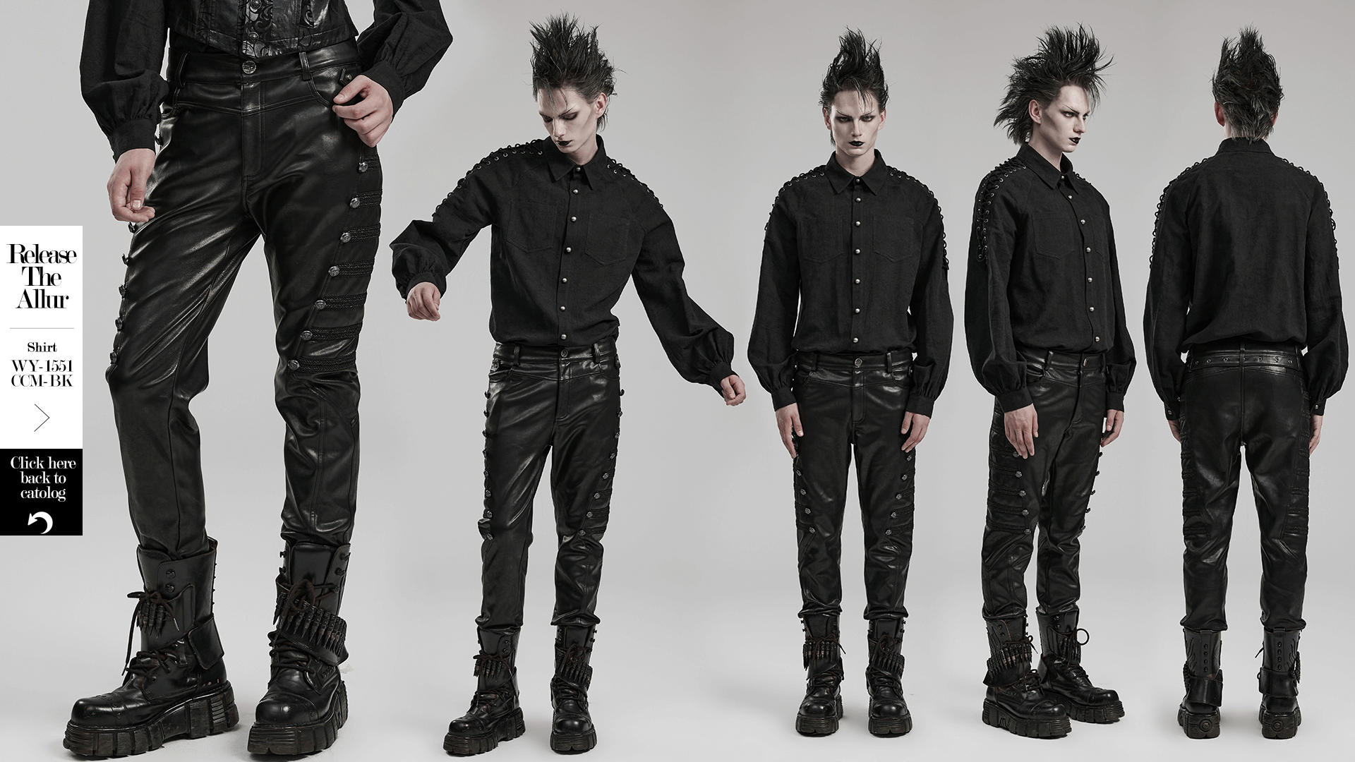 Studded side-buttoned PU punk rocker pants with unique texture and gothic style details.