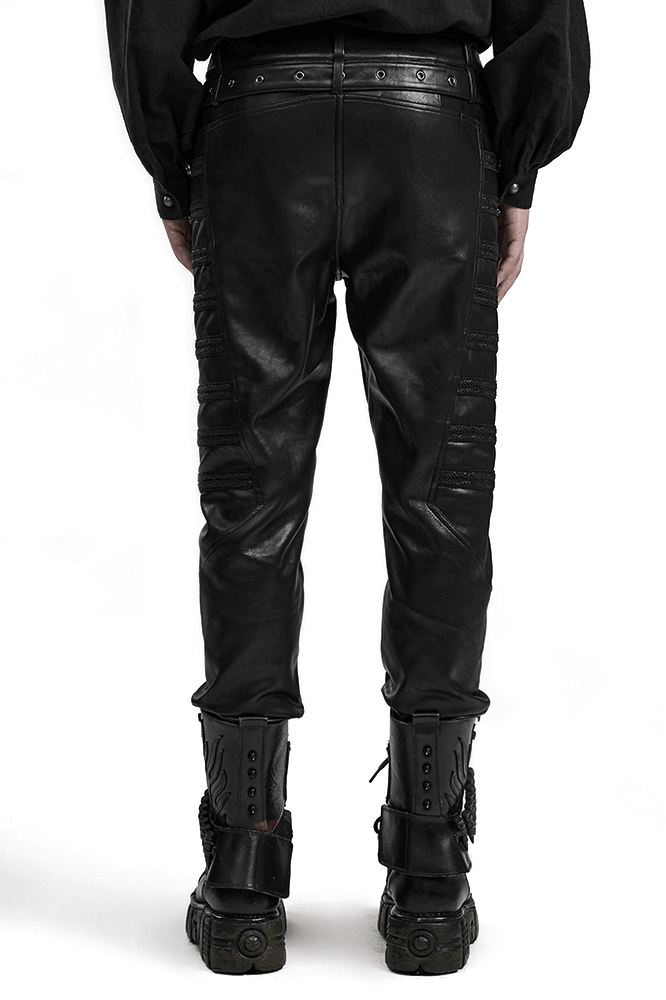 Back view of studded side-buttoned PU punk rocker pants with gothic style details and unique leather texture.