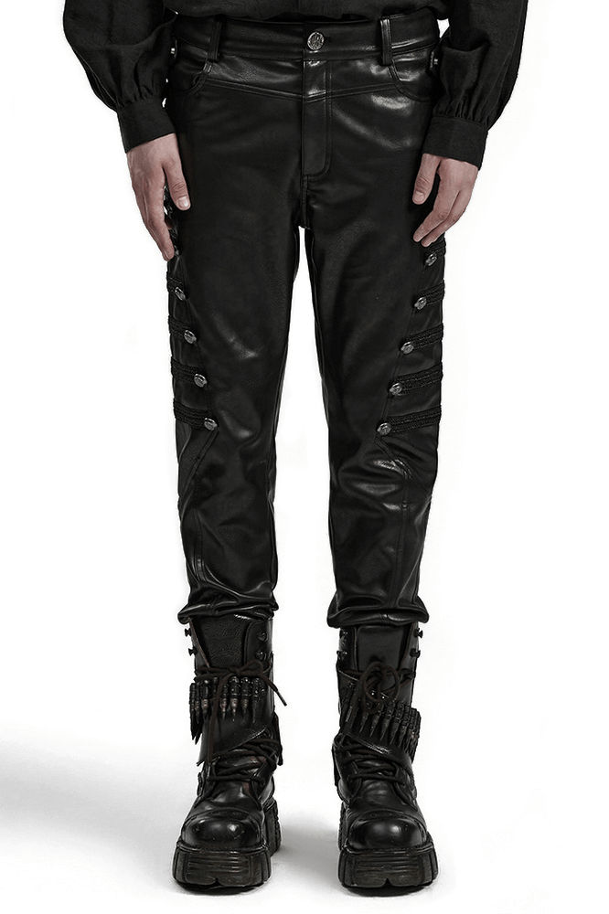 Edgy black PU punk rocker pants with thigh button details, embodying gothic style and rebellious fashion.