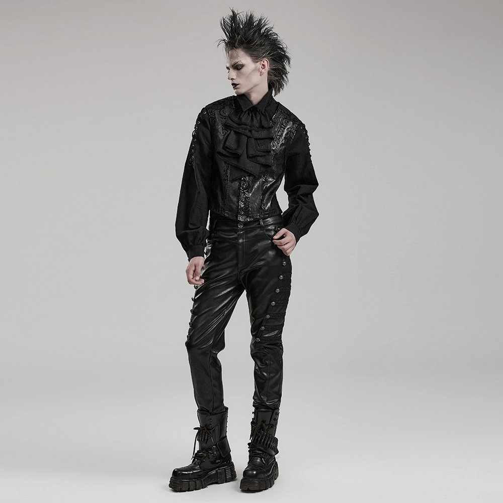 Edgy punk rocker outfit featuring black studded side-buttoned PU pants and dramatic hair, embodying gothic style.