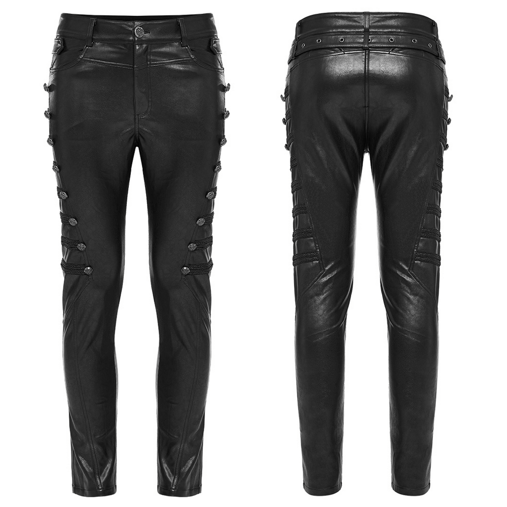 Studded side-buttoned PU punk rocker pants with pockets and thigh buttons in gothic style.