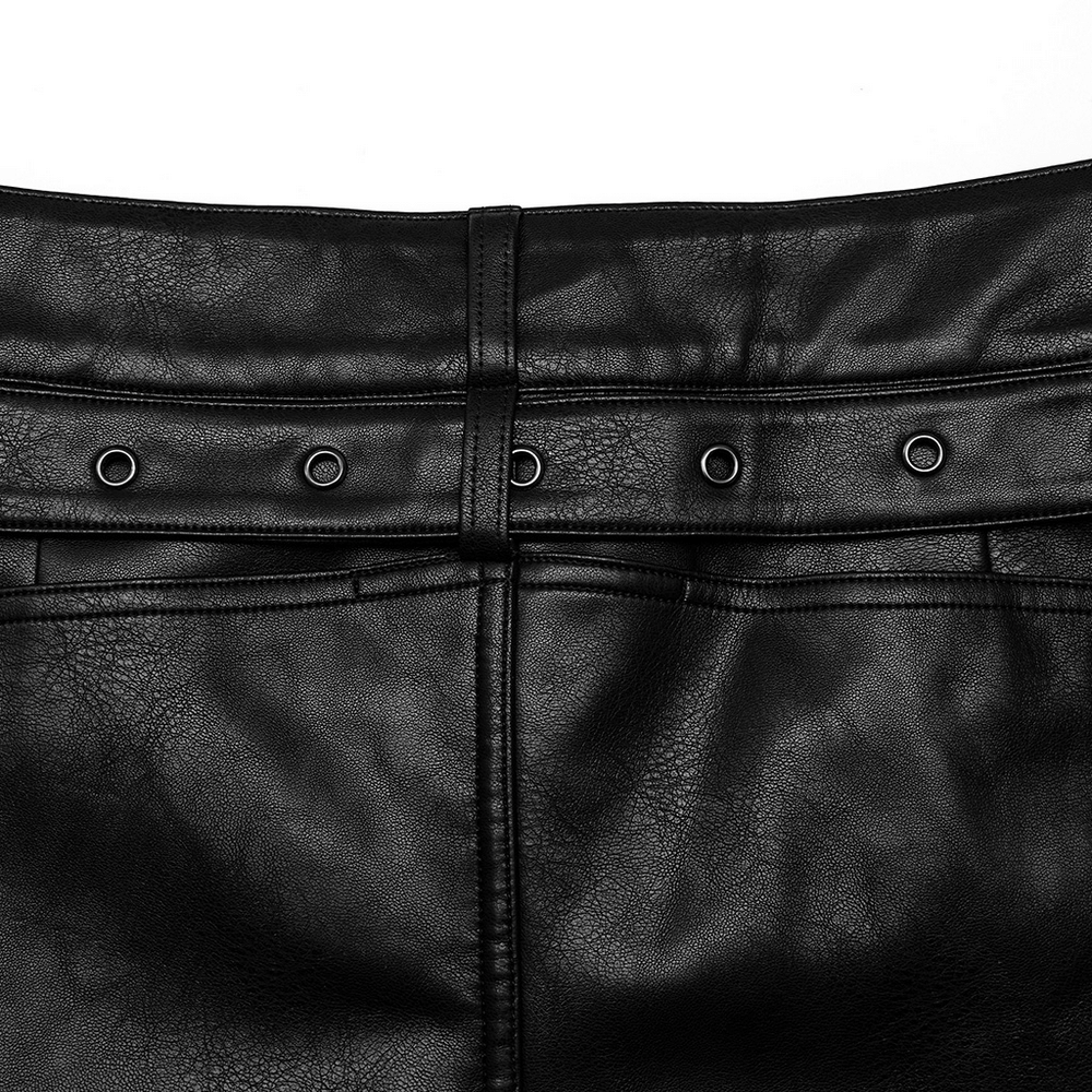 Close-up of the back of studded punk PU pants showcasing leather texture and side button detailing.