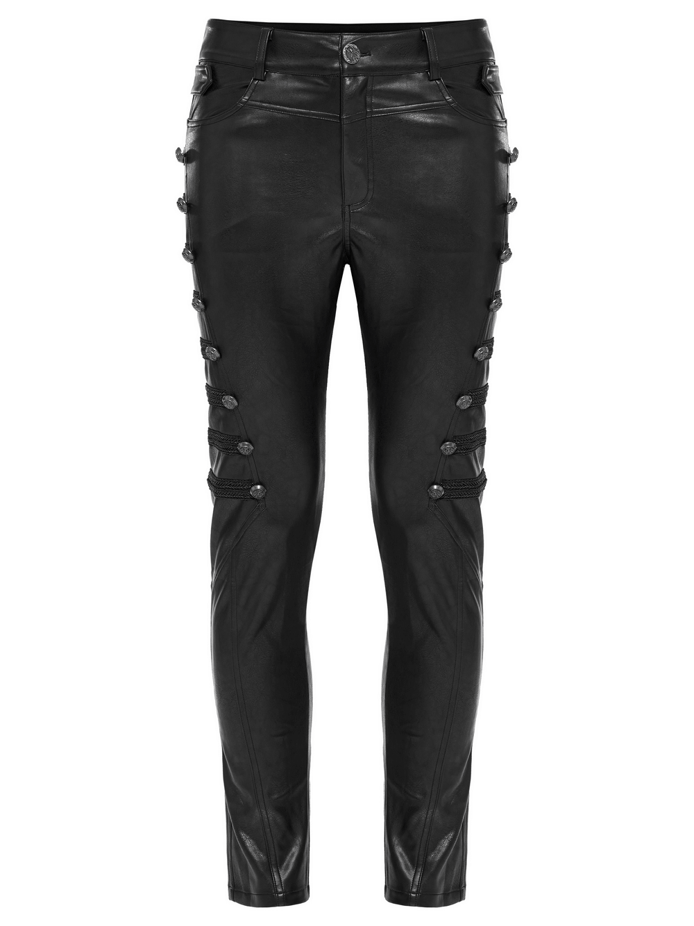 Edgy black studded PU punk rocker pants with thigh buttons, perfect for gothic style outfits.